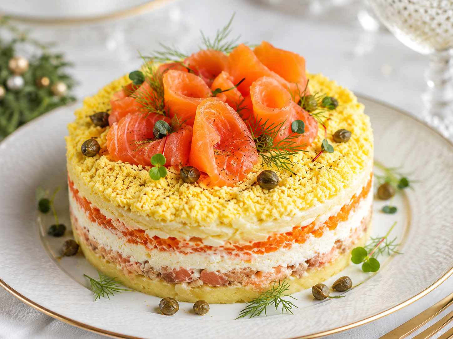 Mimoza salata sa dimljenim lososom i kaprama