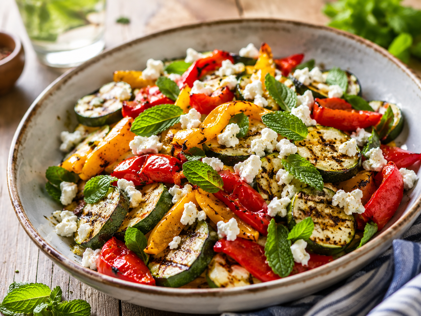 Letnja salata od pečenih tikvica i paprika sa fetom i mentom